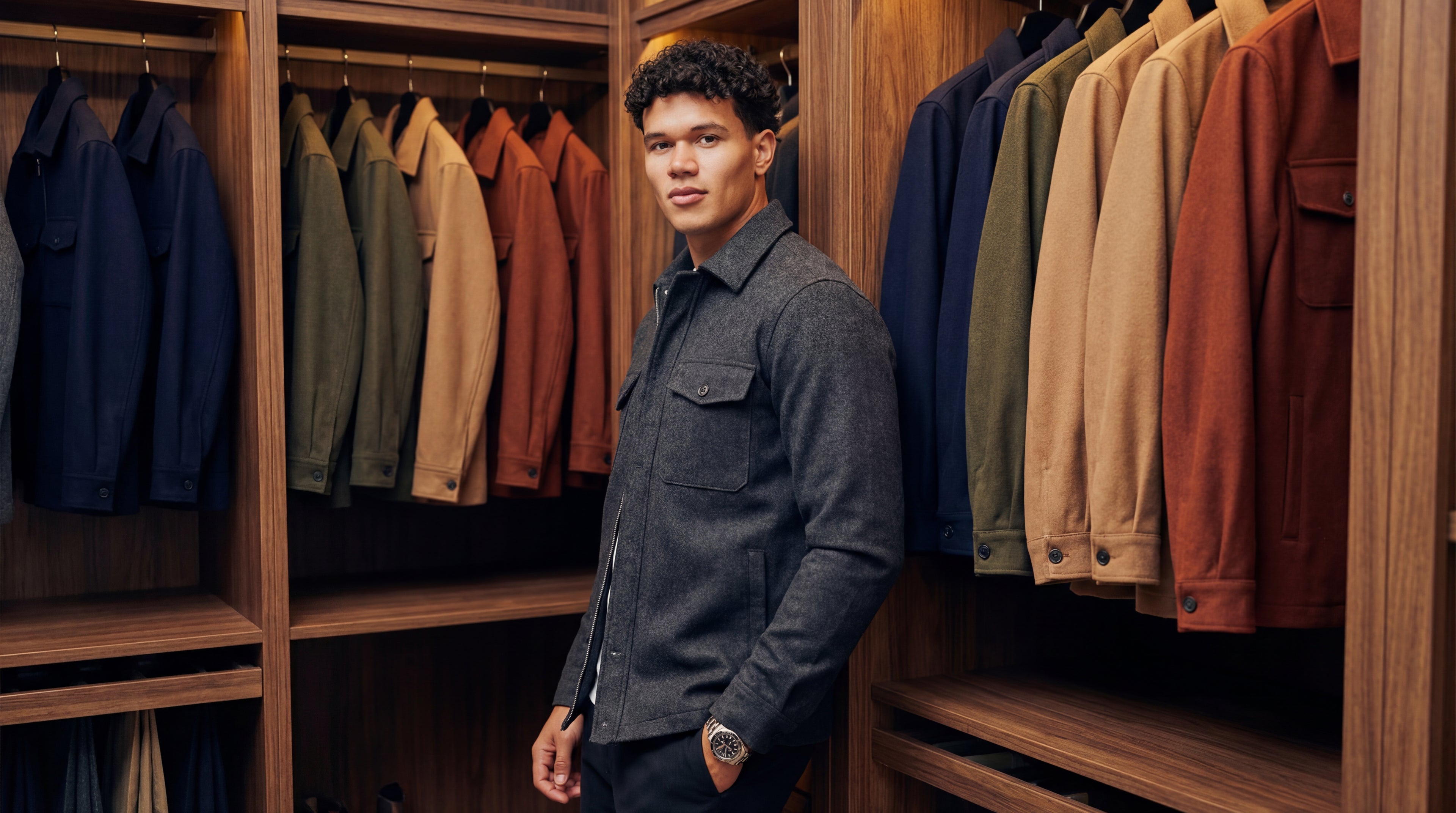 Hero image, closet with multiple wool jackets