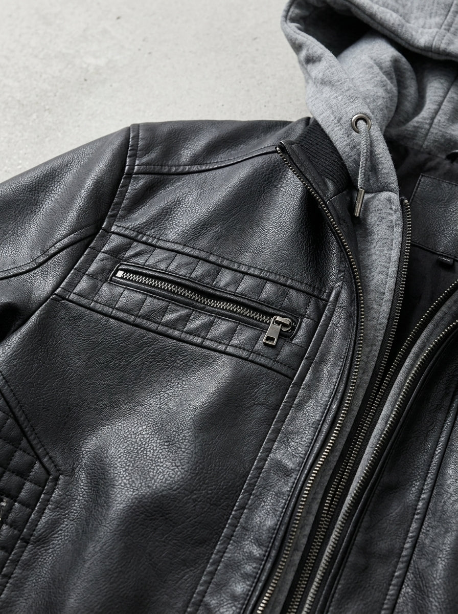 Men's Leather Moto Jacket with Hoodie
