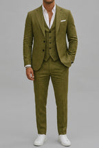 Linen Elegant 3-Piece Wedding Suit Men Slim-Fit Blazer Pants Summer Formal