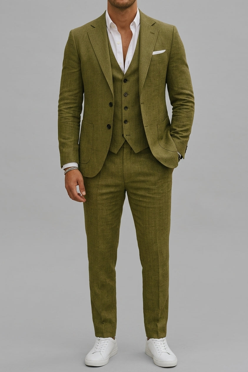 Linen Elegant 3-Piece Wedding Suit Men Slim-Fit Blazer Pants Summer Formal
