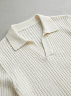 Wool V-Neck Polo Shirt Men Long Sleeve