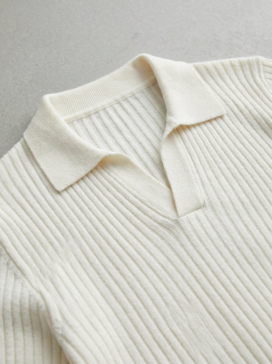 Wool V-Neck Polo Shirt Men Long Sleeve