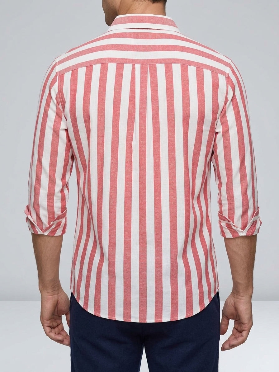 Cotton Blend Striped Long Sleeve Shirt Men Casual