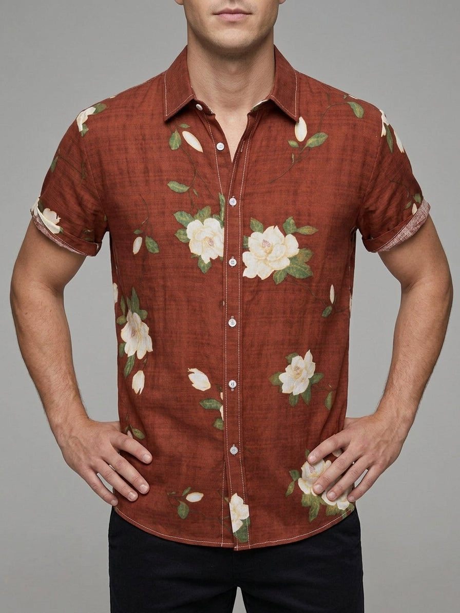 Cotton Floral Short Sleeve Shirt Men