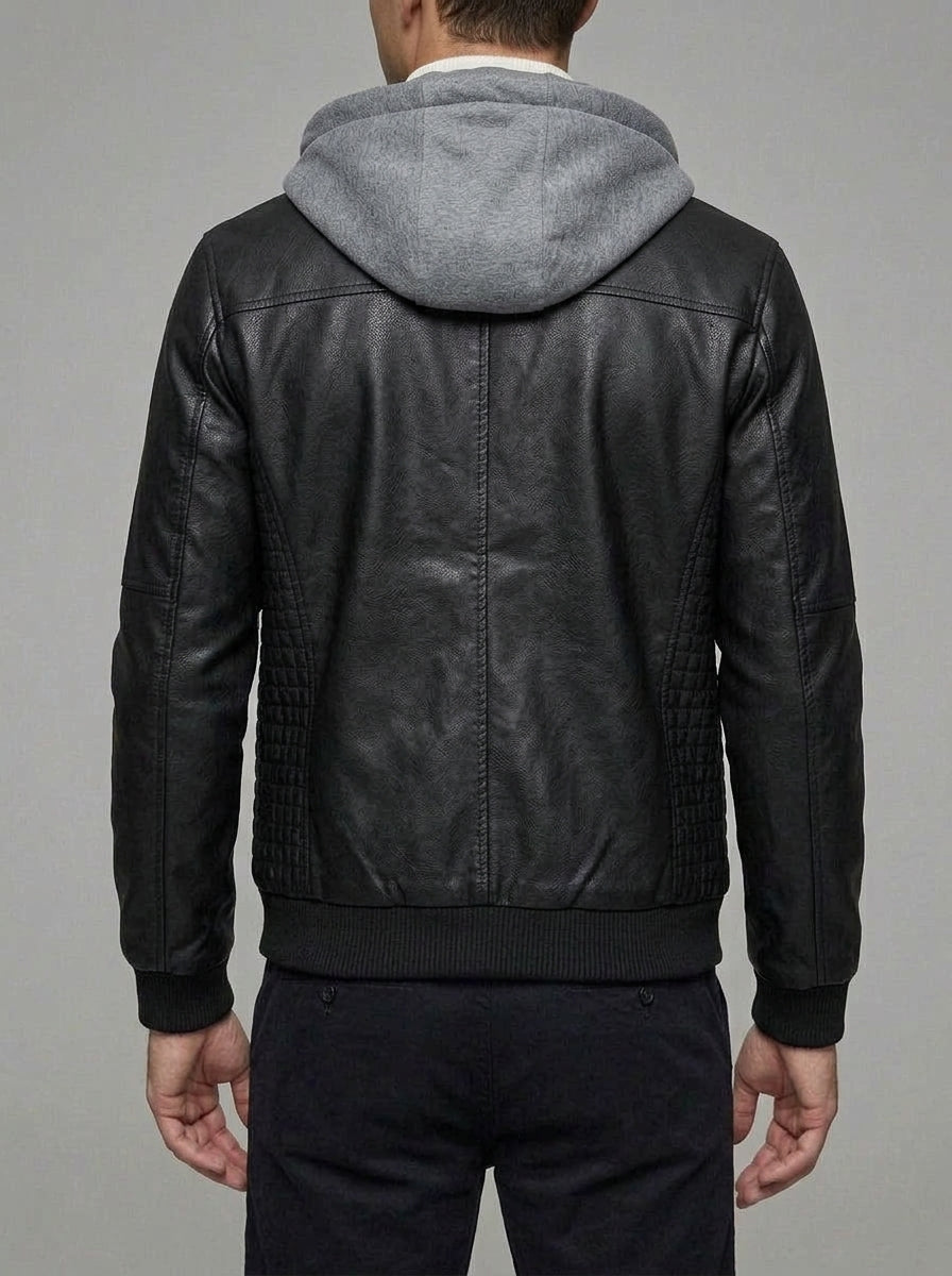 Men's Leather Moto Jacket with Hoodie