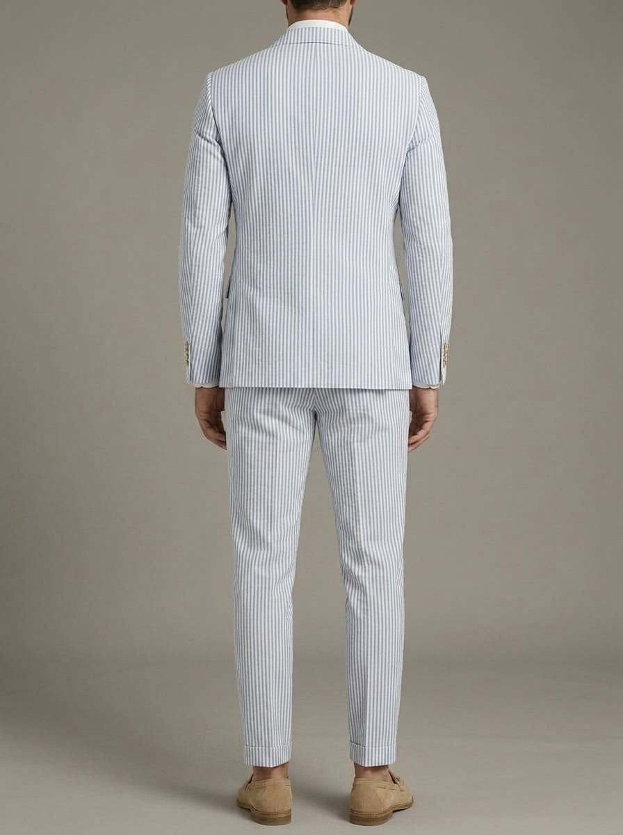 Cotton Blend Striped Double-Breasted Suit Men
