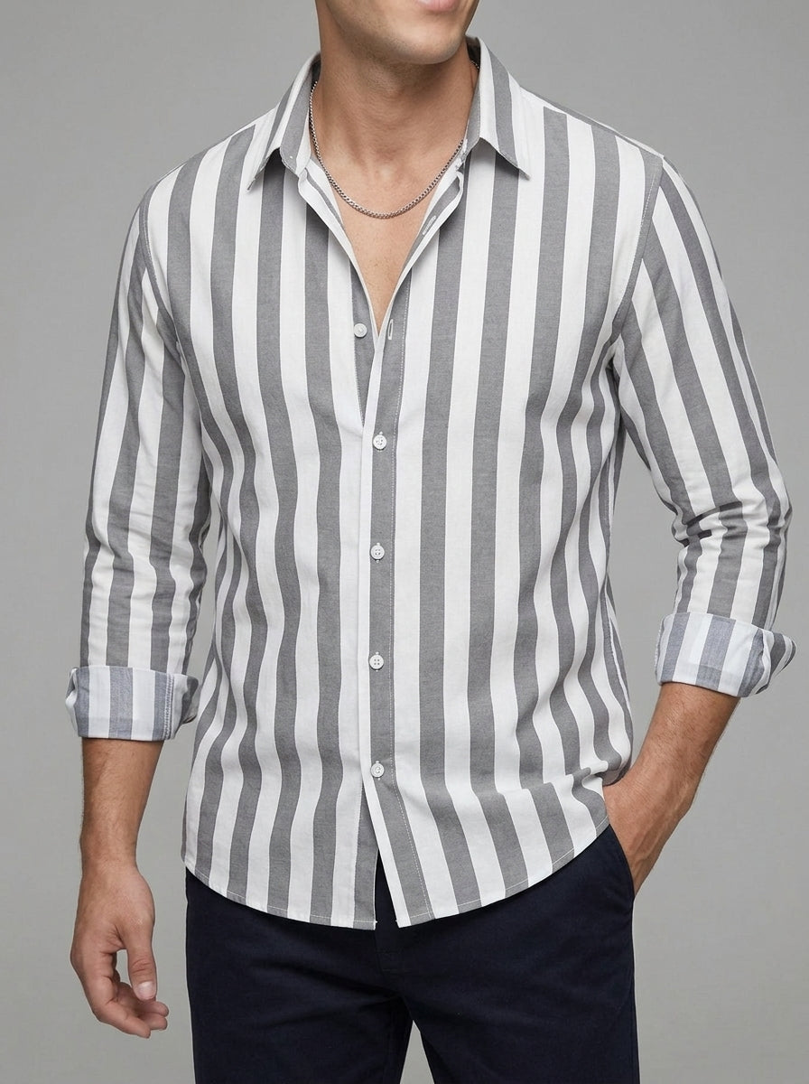 Cotton Blend Striped Long Sleeve Shirt Men Casual