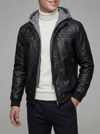Men's Leather Moto Jacket with Hoodie