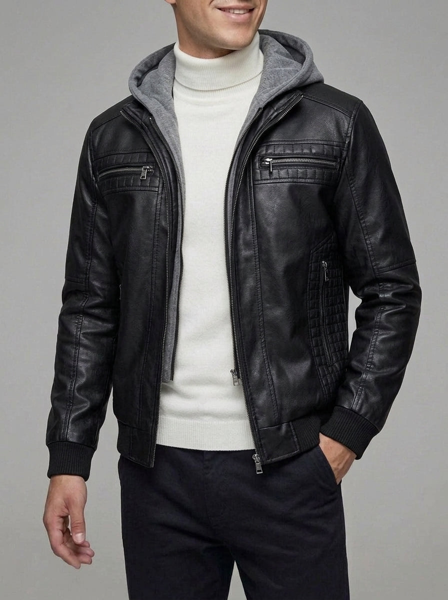 Men's Leather Moto Jacket with Hoodie