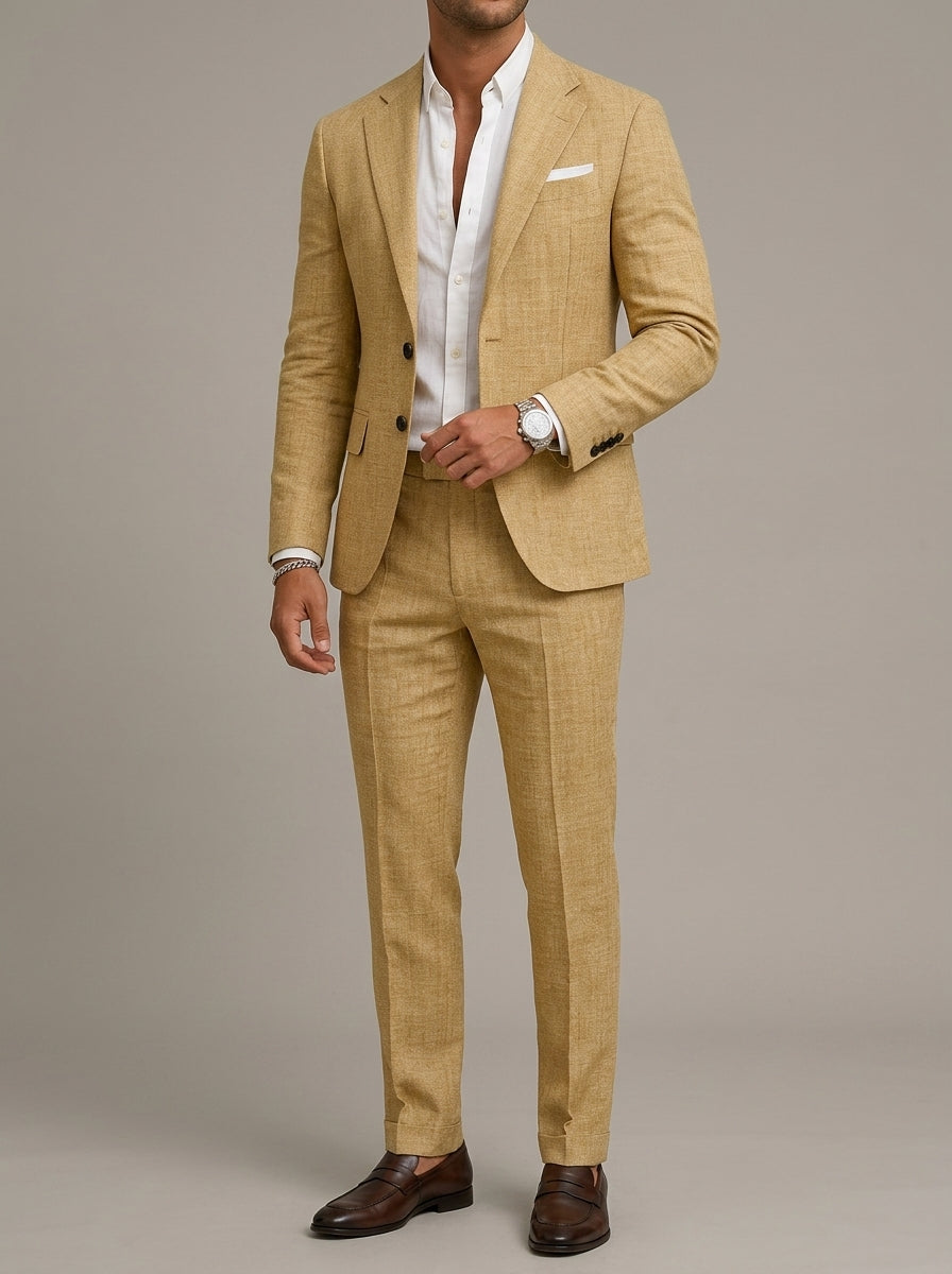 Linen Elegant 3-Piece Wedding Suit Men Slim-Fit Blazer Pants Summer Formal