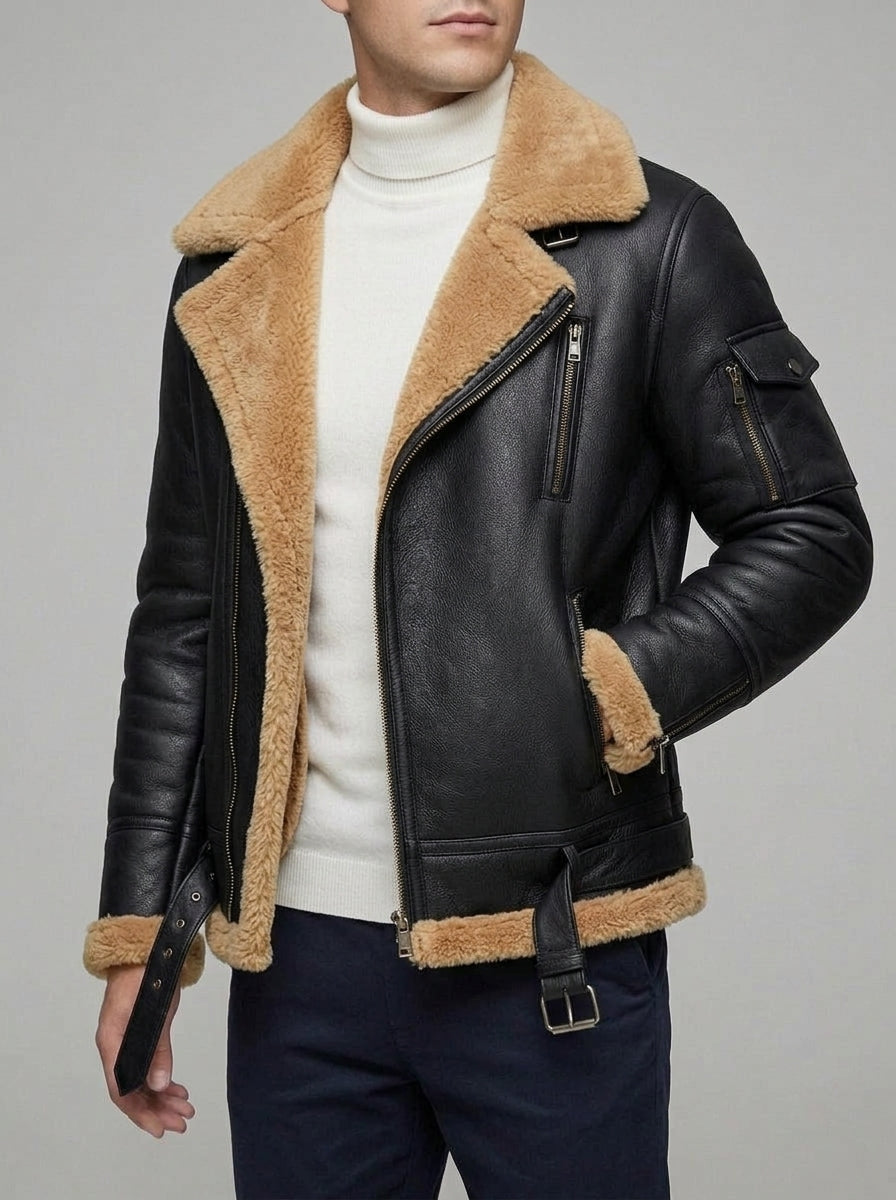 Insulated Winter Jacket Men Genuine Sheepskin Flying Jacket Vintage Camel