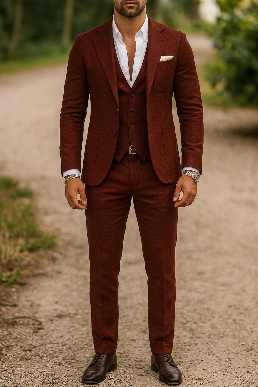 Linen Elegant 3-Piece Wedding Suit Men Slim-Fit Blazer Pants Summer Formal