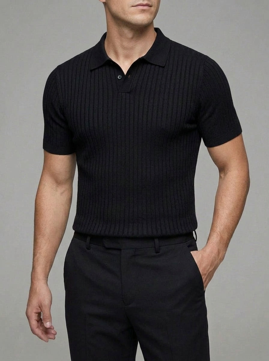 Ribbed Knit Polo Shirt Men Short Sleeve
