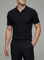 Ribbed Knit Polo Shirt Men Short Sleeve