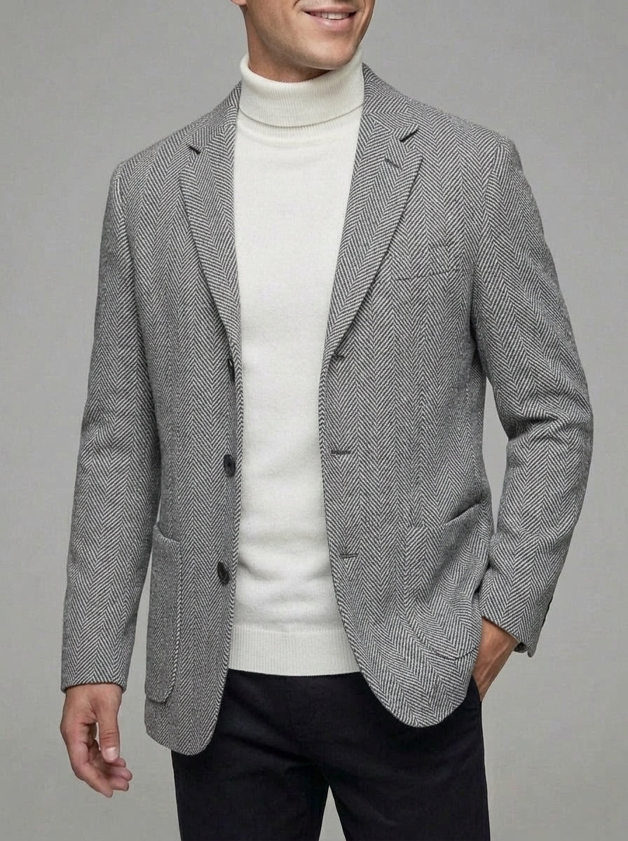 Wool Herringbone Tweed Blazer Men Single Breasted