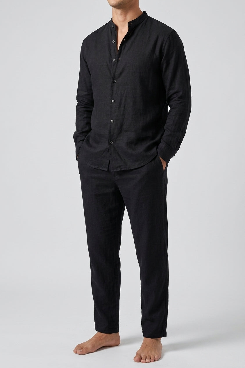 Linen Two Piece Set Men Collarless Shirt Trousers