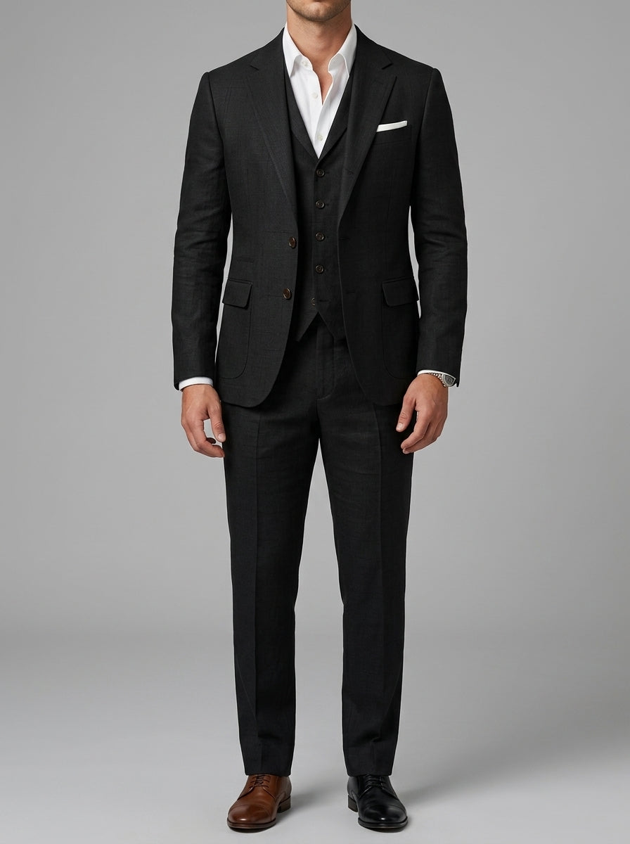 Linen Elegant 3-Piece Wedding Suit Men Slim-Fit Blazer Pants Summer Formal