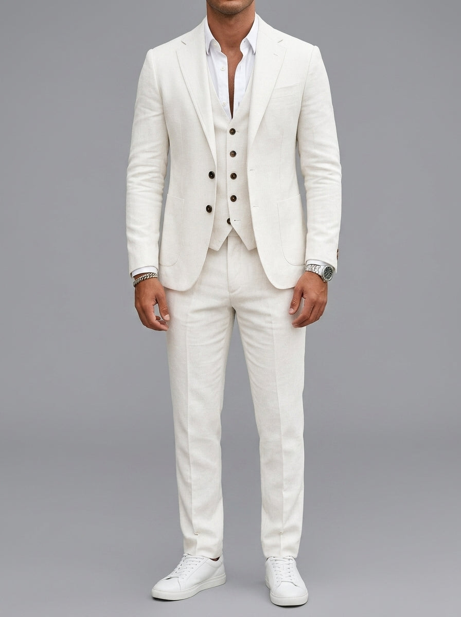 Slim-Fit 3-Piece Suit Notch Lapel Men Wool