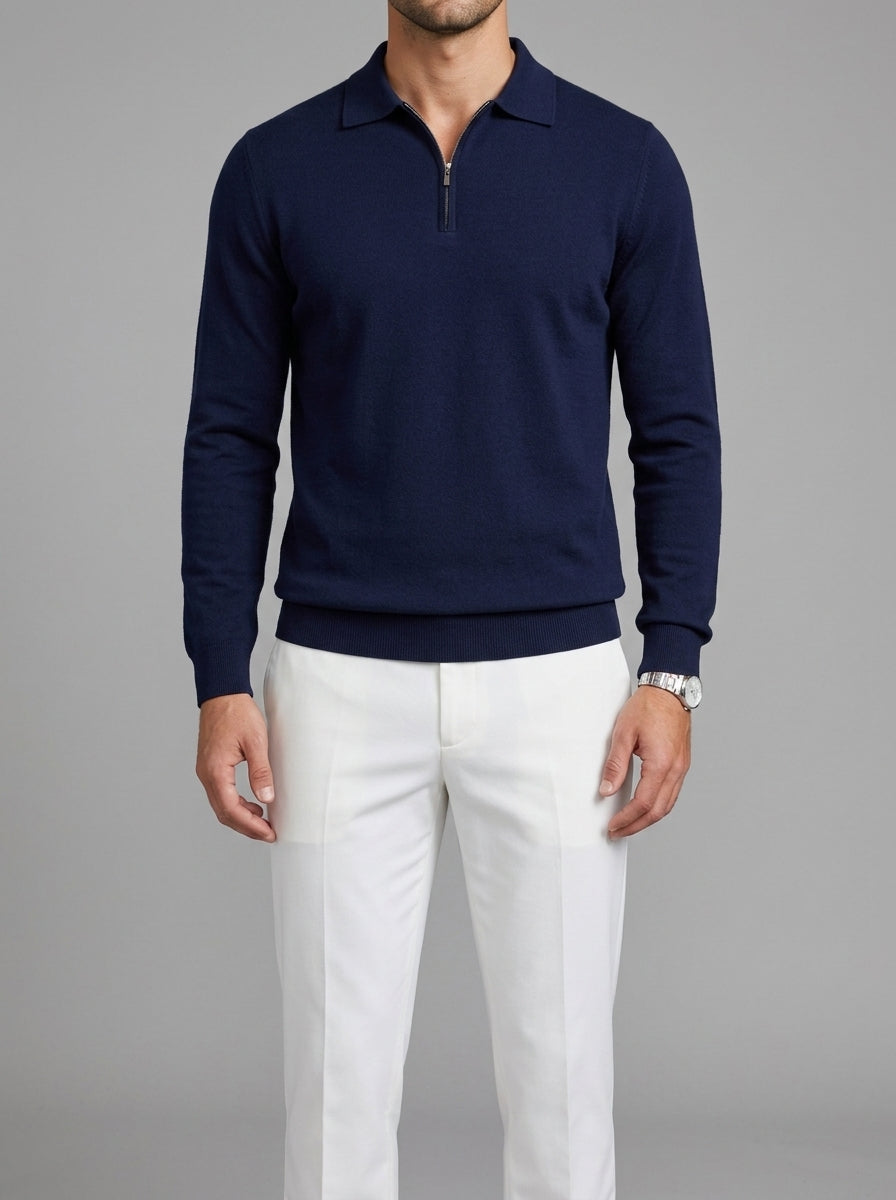 Men's Brown Long Sleeve Polo – Wool Blend (Beige)
