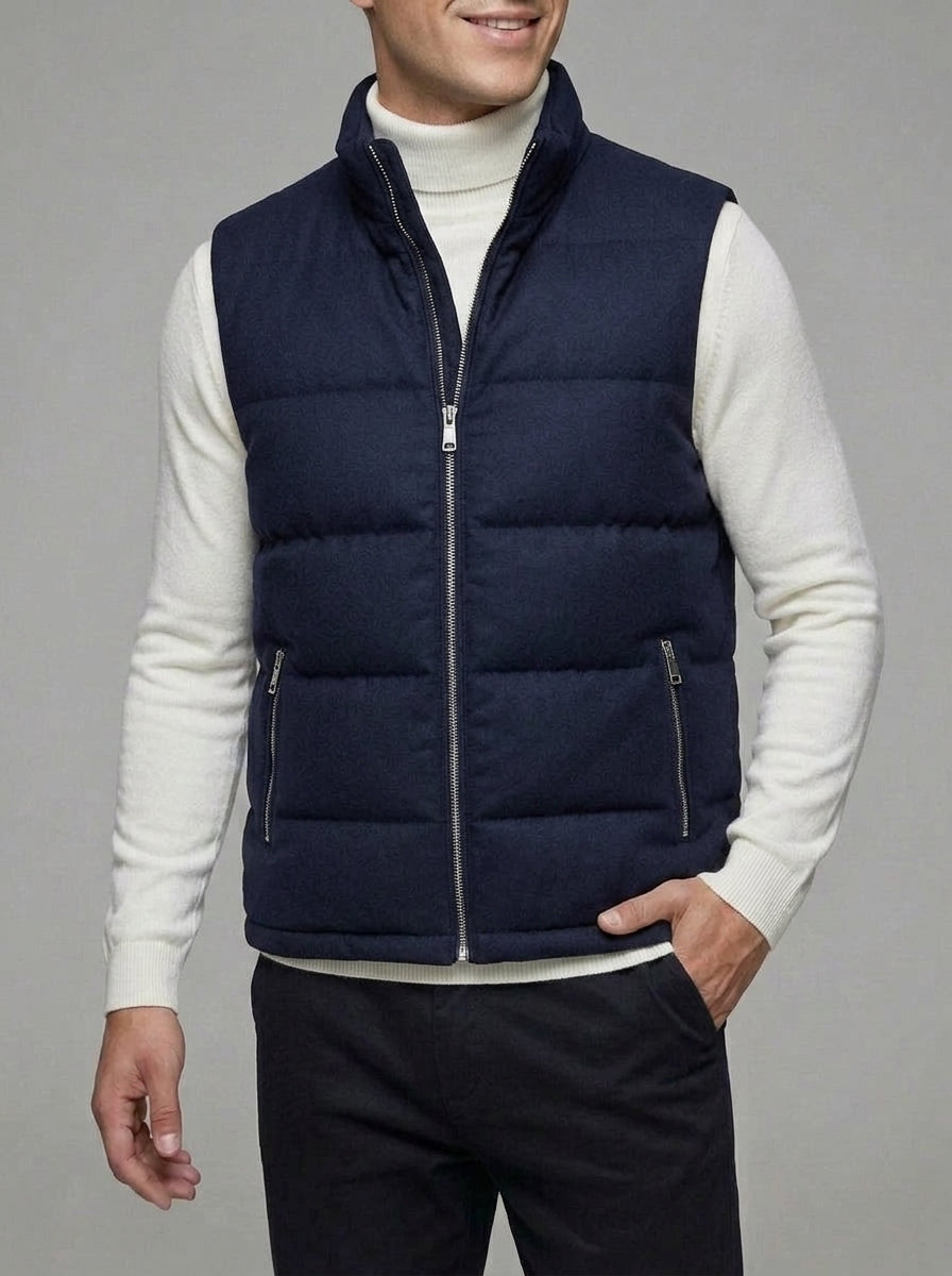 Wool Gilet Men Quilted Padded Zip Pockets