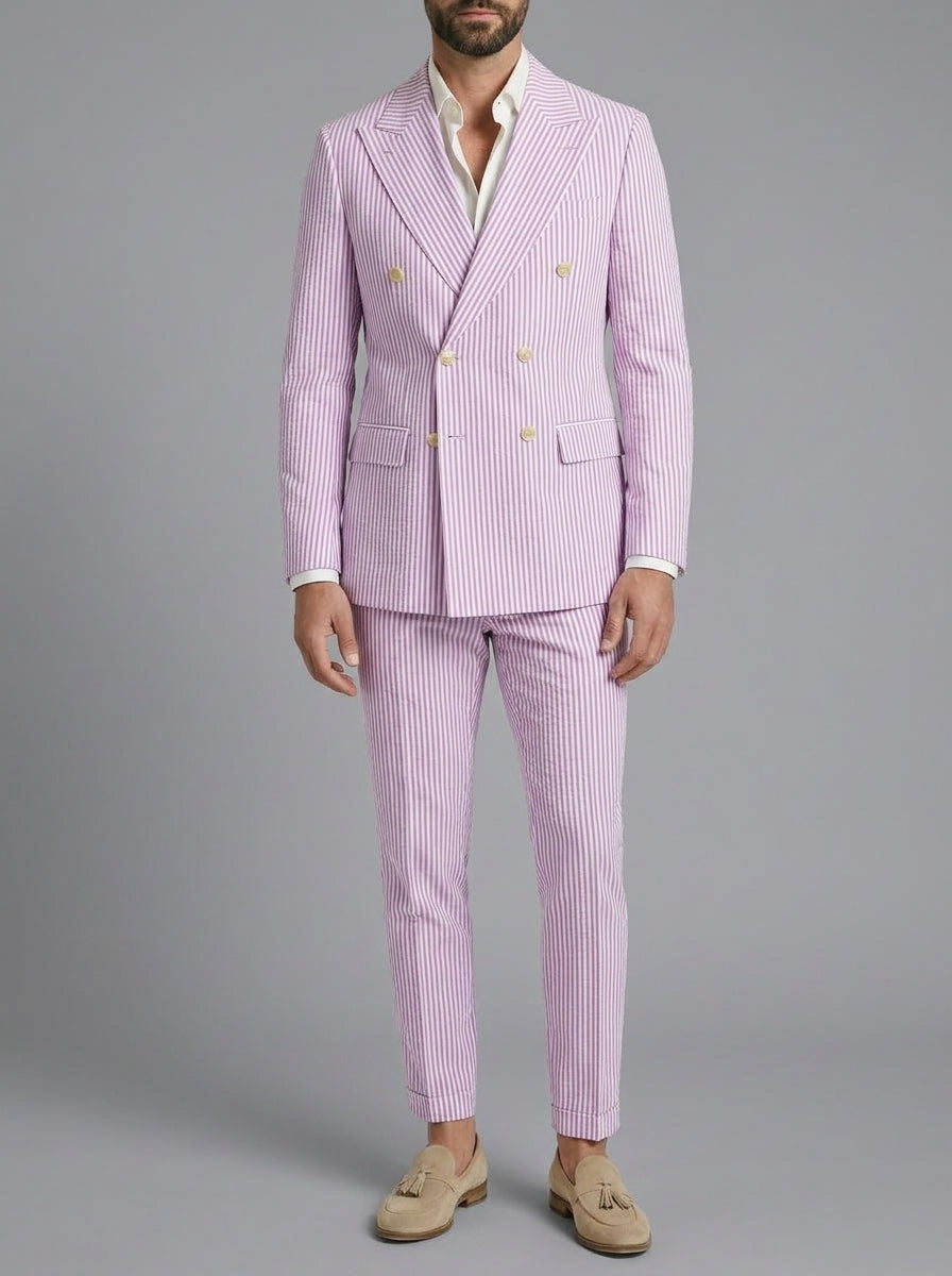 Cotton Blend Striped Double-Breasted Suit Men