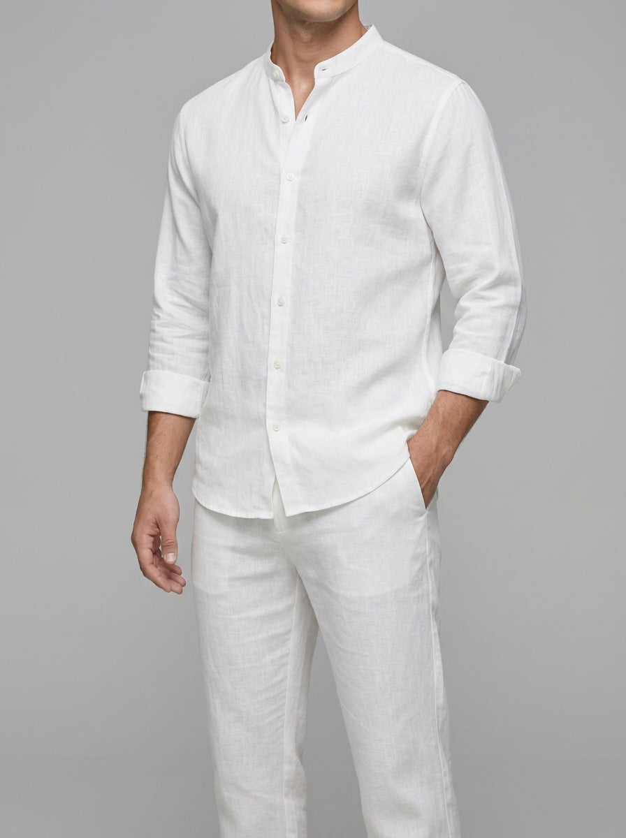 Linen Two Piece Set Men Collarless Shirt Trousers