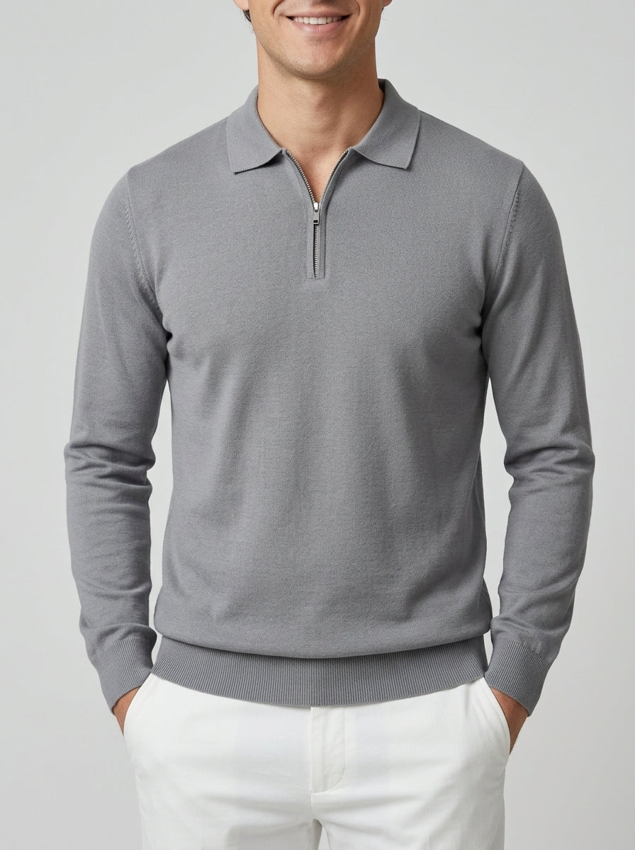Men's Brown Long Sleeve Polo – Wool Blend (Beige)