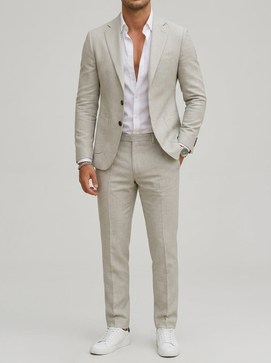 Linen Elegant 3-Piece Wedding Suit Men Slim-Fit Blazer Pants Summer Formal