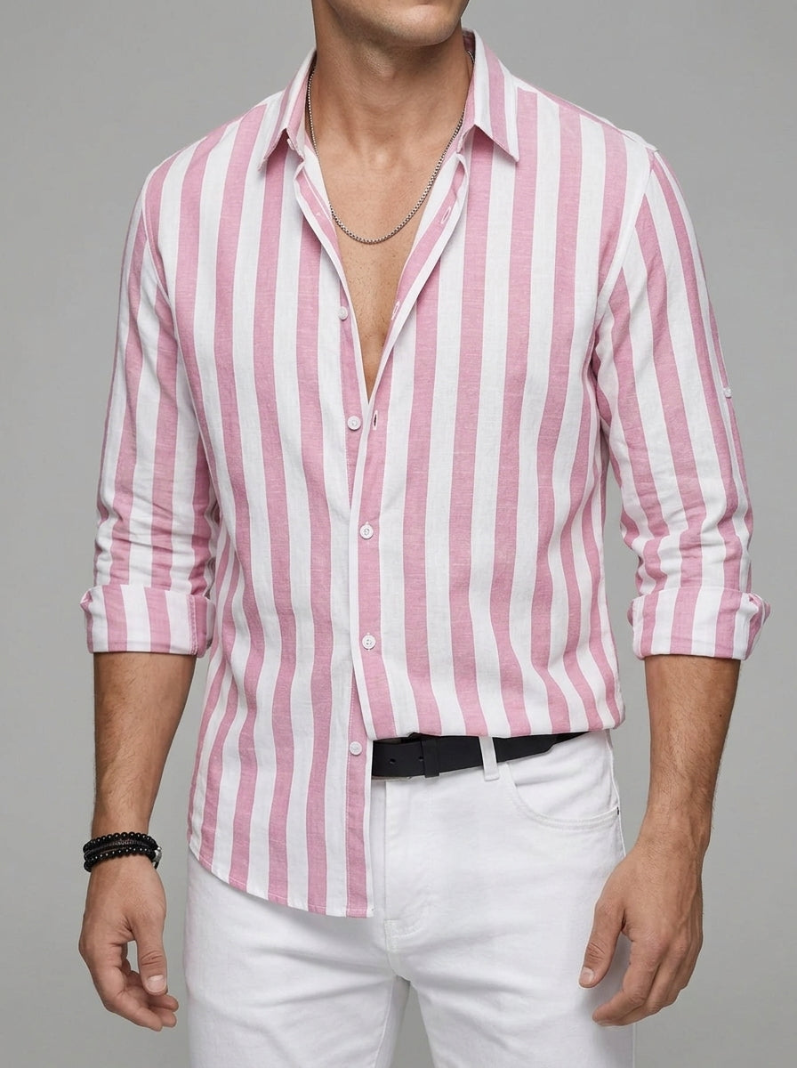 Cotton Blend Striped Long Sleeve Shirt Men Casual
