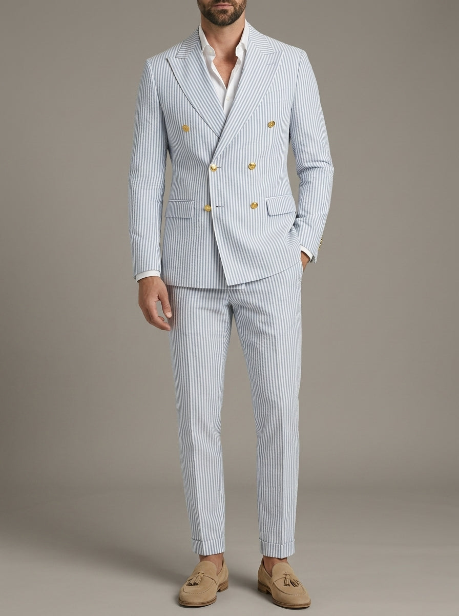 Cotton Blend Striped Double-Breasted Suit Men