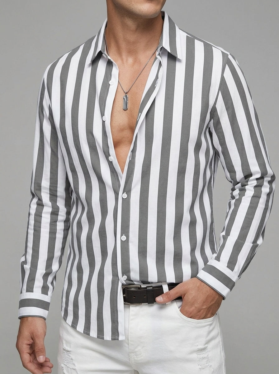 Cotton Blend Striped Long Sleeve Shirt Men Casual