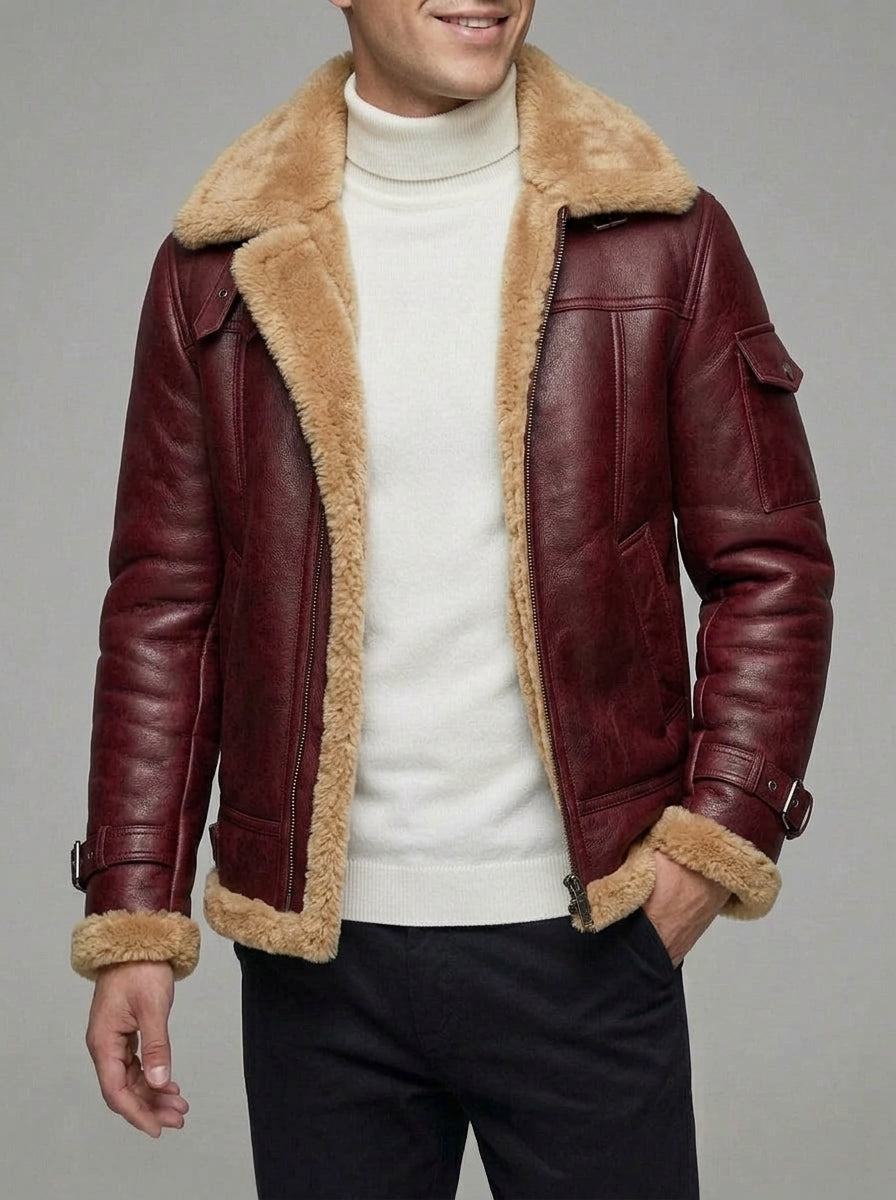 Insulated Winter Jacket Men Genuine Sheepskin Flying Jacket Vintage Camel