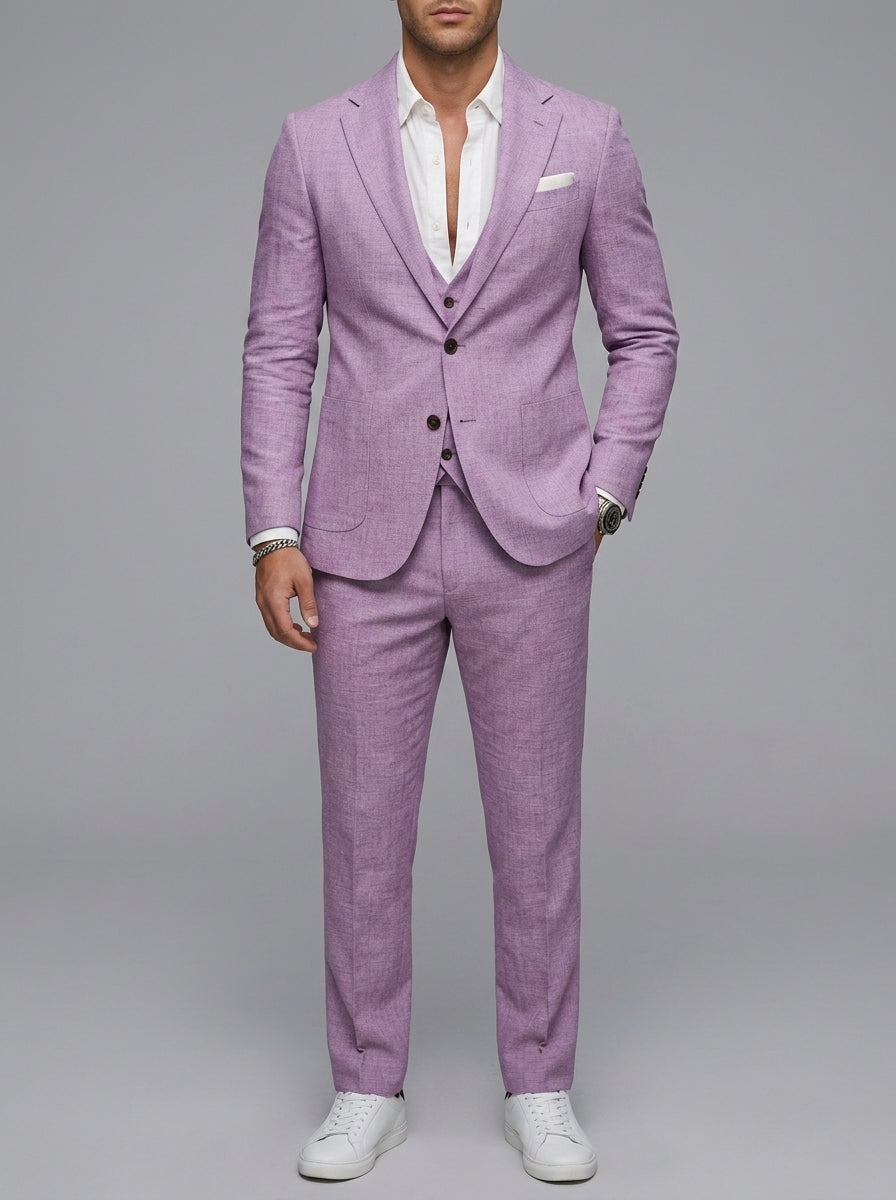 Linen Elegant 3-Piece Wedding Suit Men Slim-Fit Blazer Pants Summer Formal