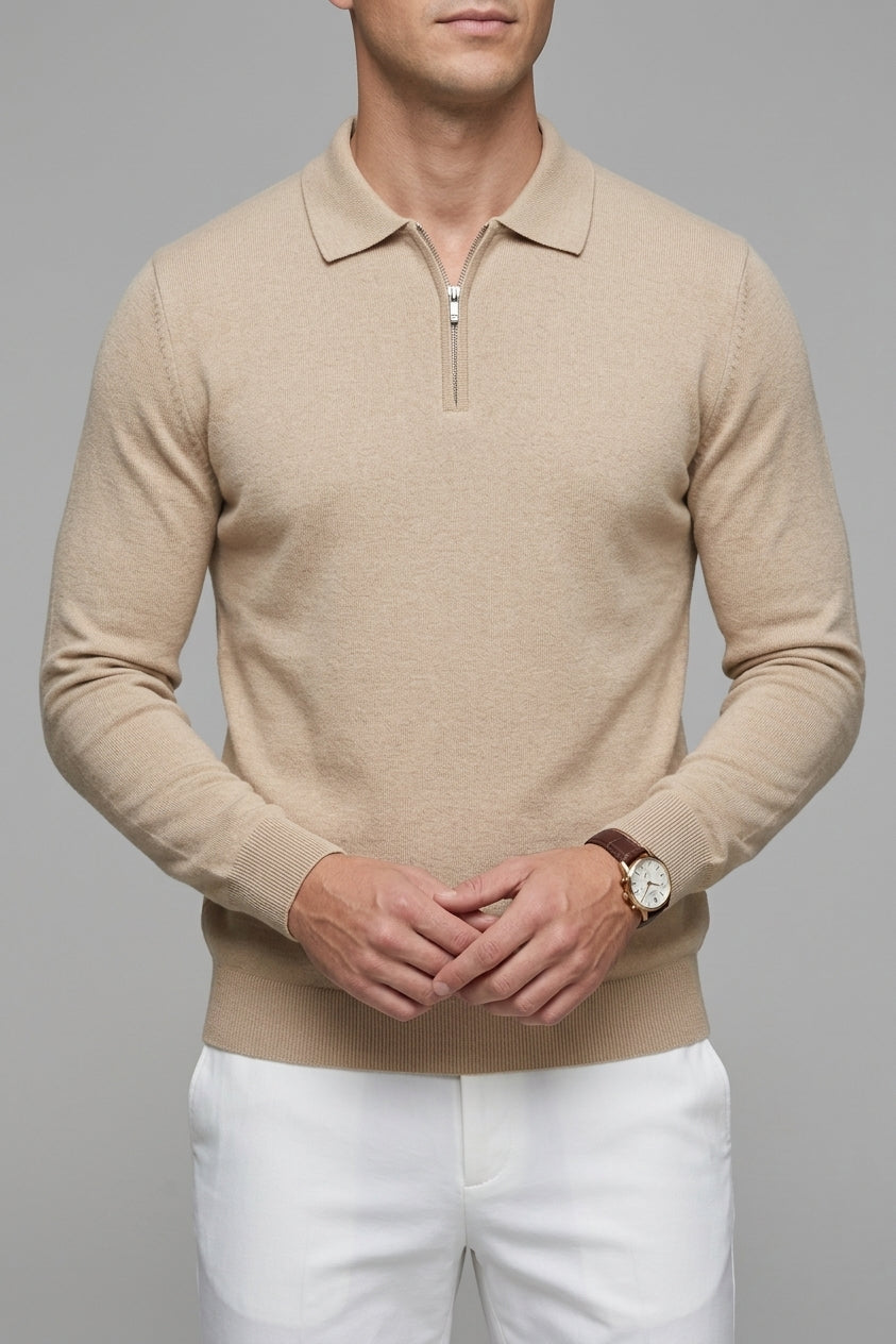 Men's Brown Long Sleeve Polo – Wool Blend (Beige)