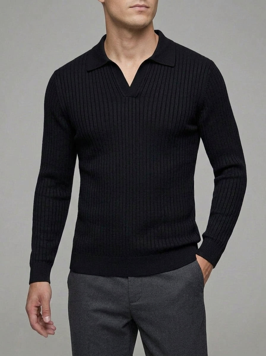 Wool V-Neck Polo Shirt Men Long Sleeve