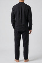 Linen Two Piece Set Men Collarless Shirt Trousers
