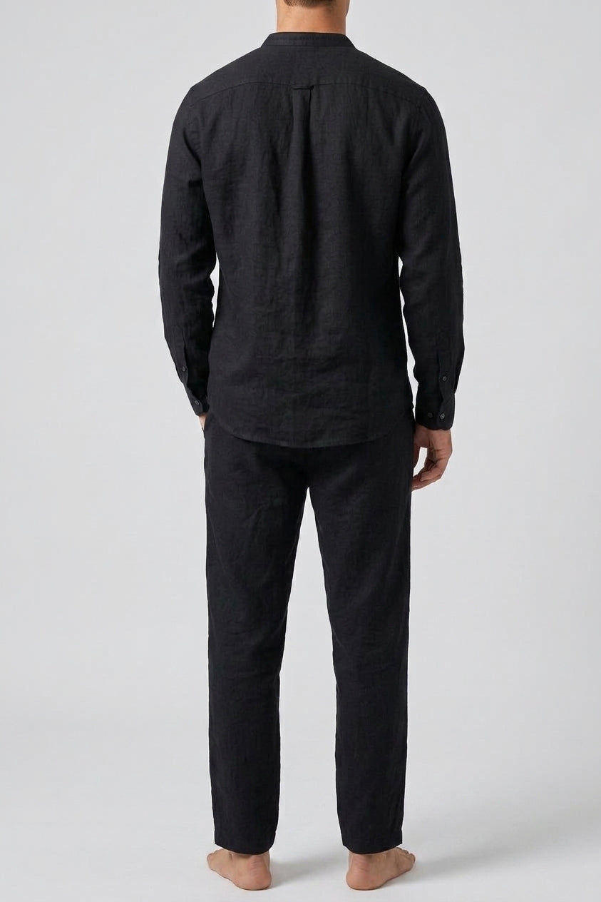 Linen Two Piece Set Men Collarless Shirt Trousers