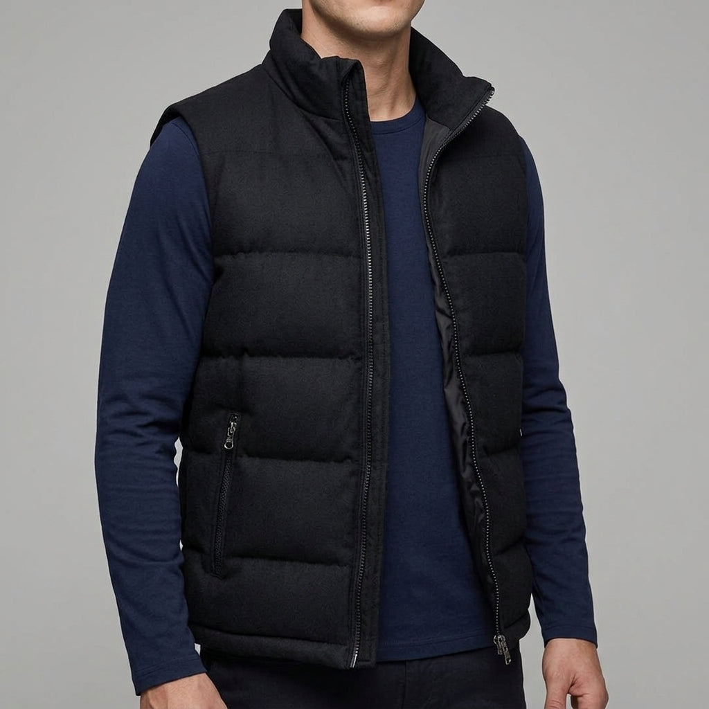 Wool Gilet Men Quilted Padded Zip Pockets