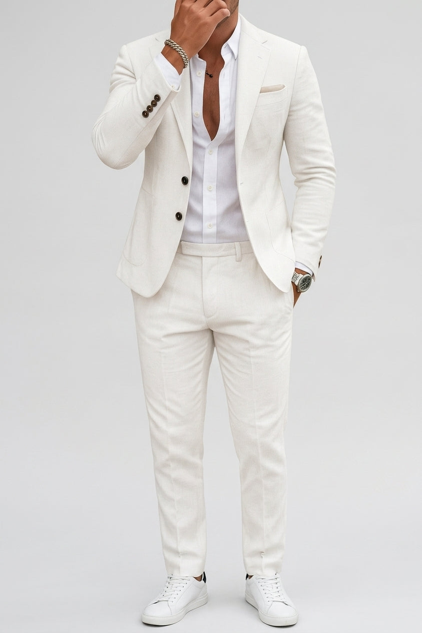 Linen Elegant 3-Piece Wedding Suit Men Slim-Fit Blazer Pants Summer Formal