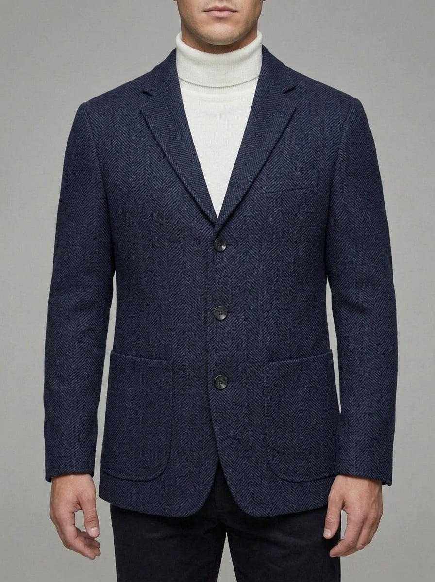 Wool Herringbone Tweed Blazer Men Single Breasted