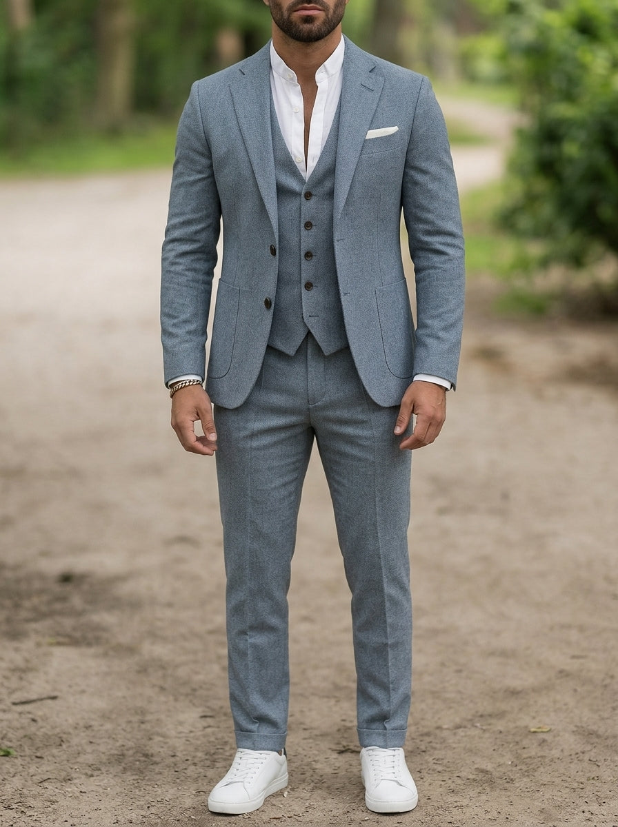 Slim-Fit 3-Piece Suit Notch Lapel Men Wool