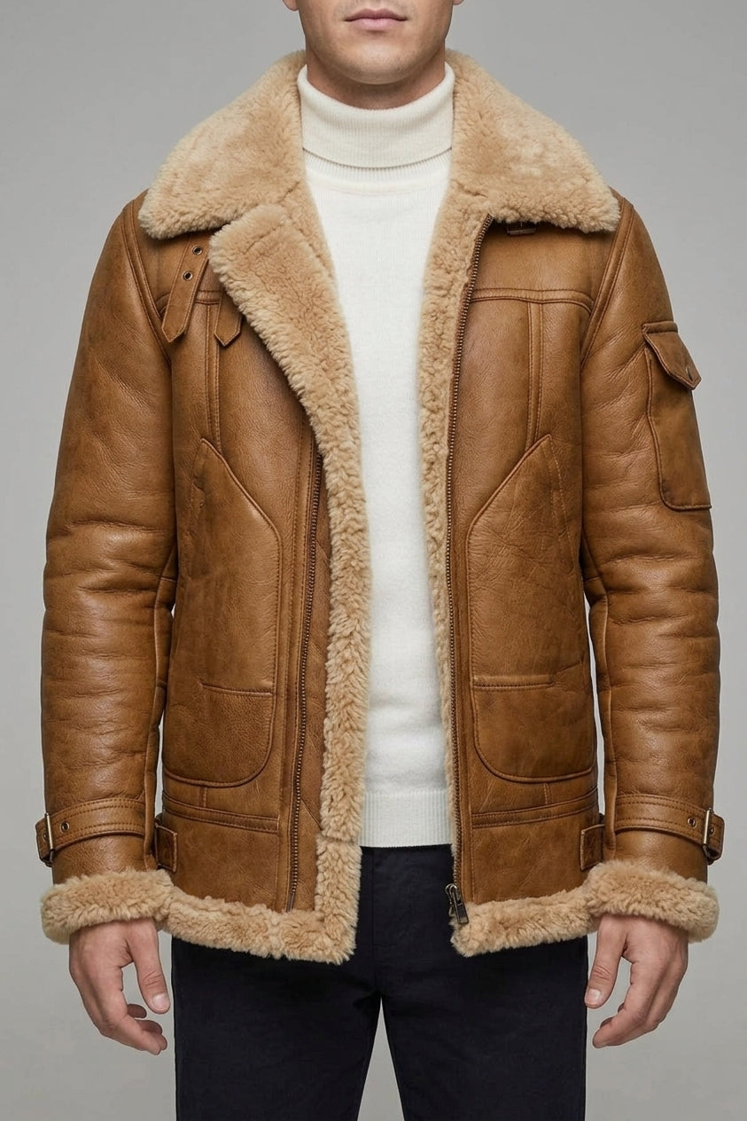 Insulated Winter Jacket Men Genuine Sheepskin Flying Jacket Vintage Camel