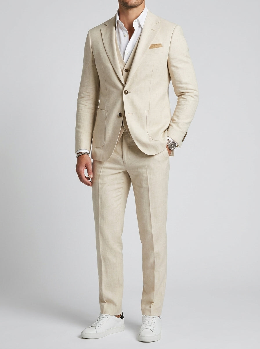 Linen Elegant 3-Piece Wedding Suit Men Slim-Fit Blazer Pants Summer Formal