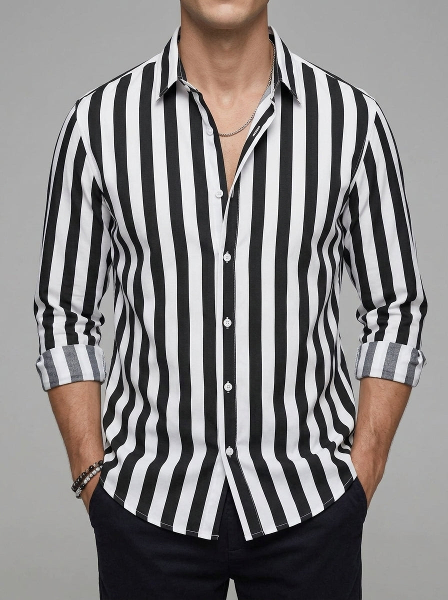 Cotton Blend Striped Long Sleeve Shirt Men Casual