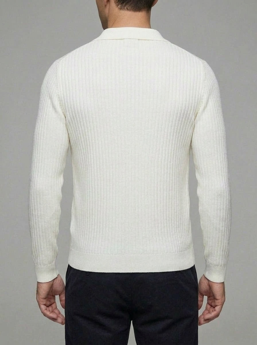 Wool V-Neck Polo Shirt Men Long Sleeve