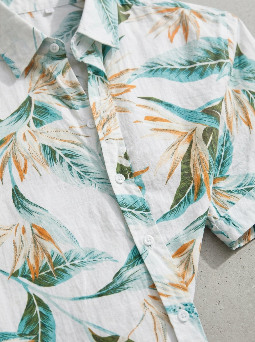 Cotton Tropical Print Button-Up Shirt Men