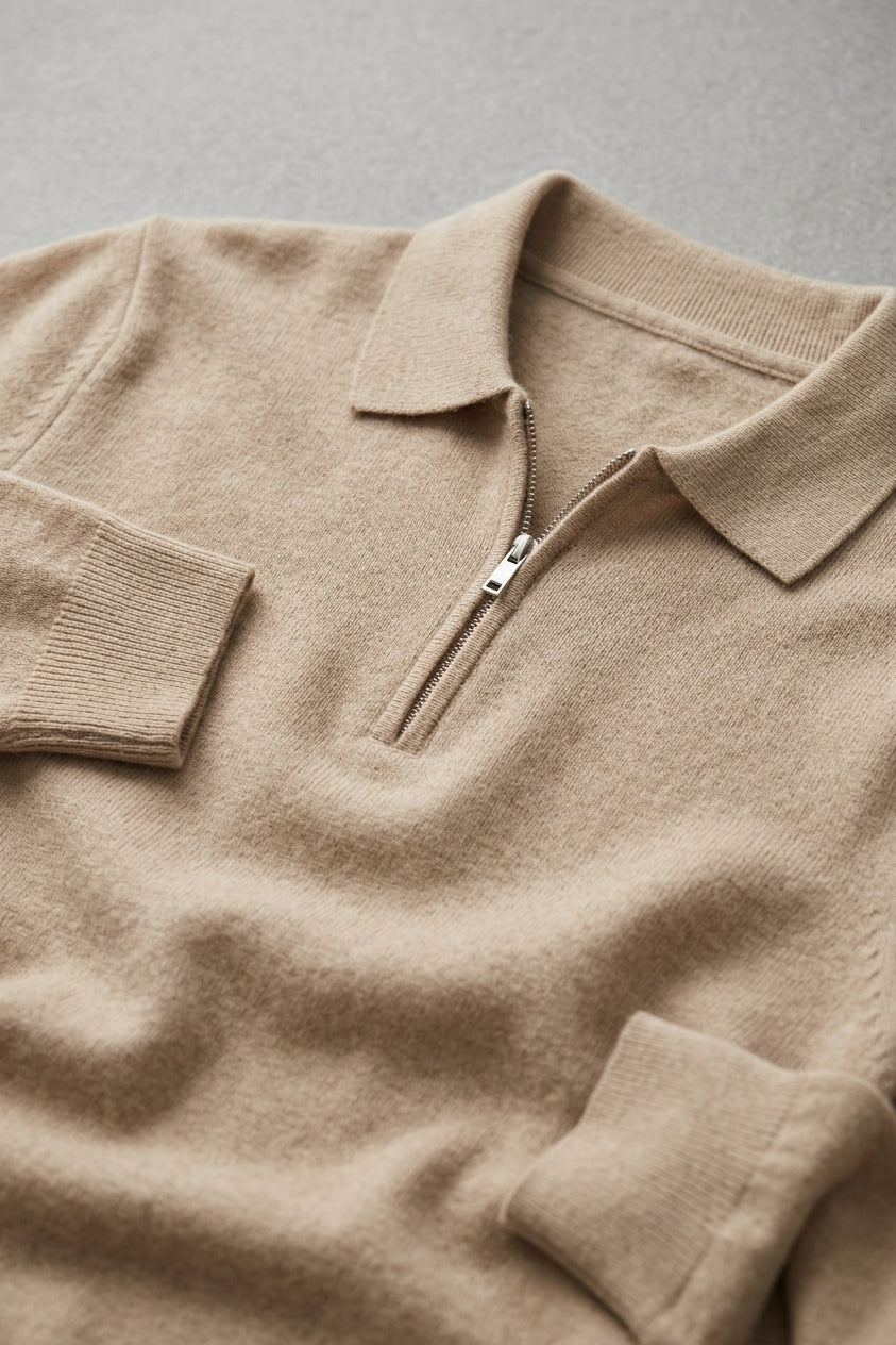 Men's Brown Long Sleeve Polo – Wool Blend (Beige)
