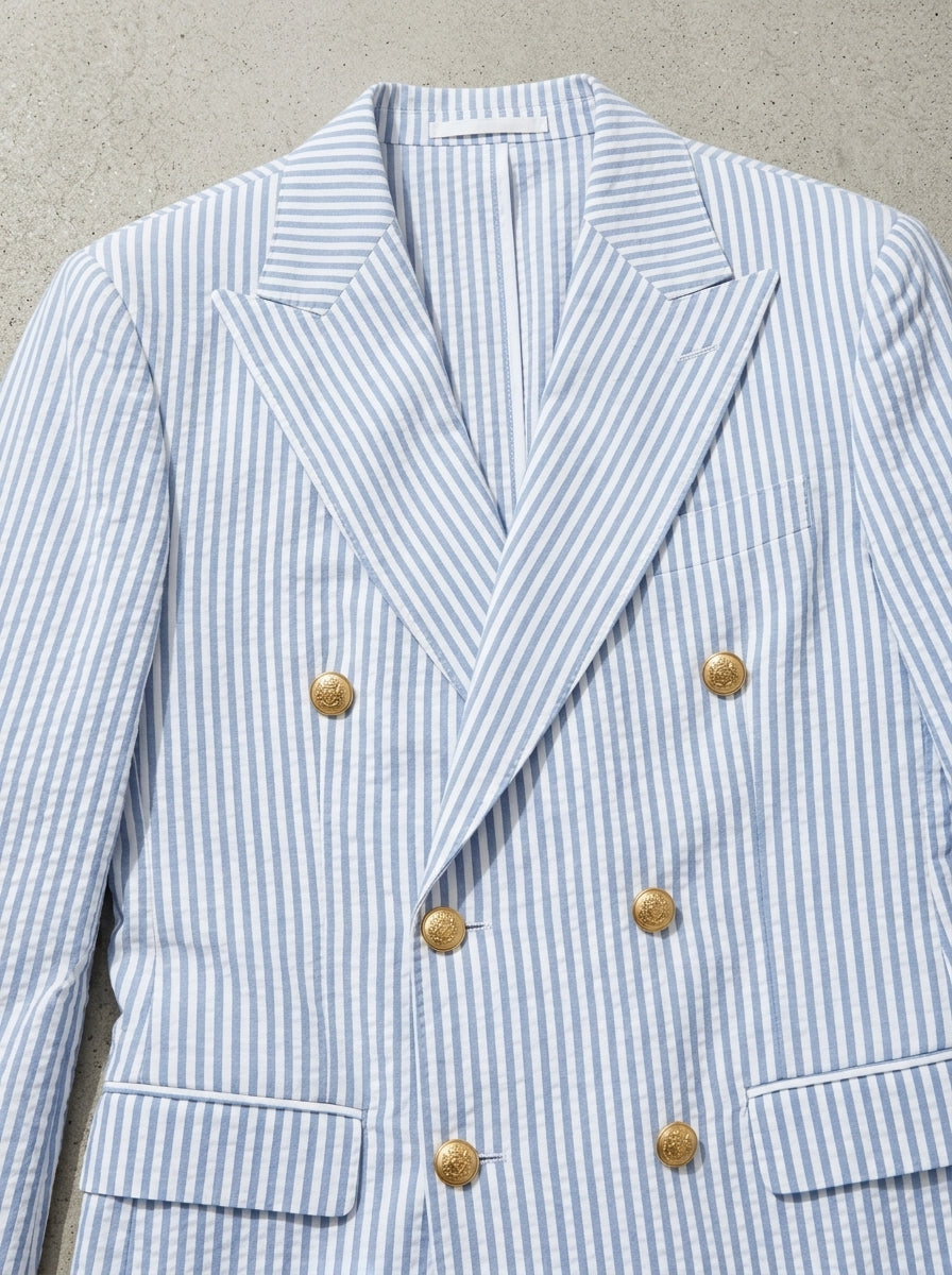 Cotton Blend Striped Double-Breasted Suit Men