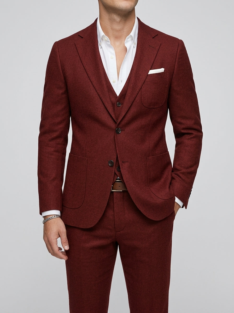 Slim-Fit 3-Piece Suit Notch Lapel Men Wool