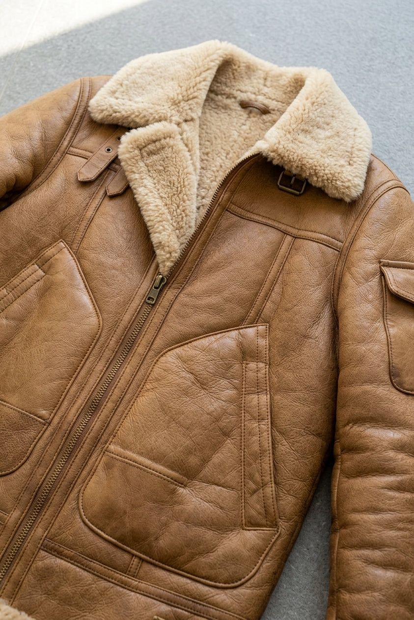 Insulated Winter Jacket Men Genuine Sheepskin Flying Jacket Vintage Camel